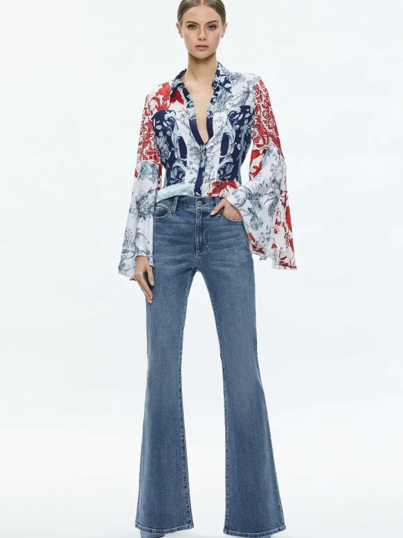 Willa Fitted Placket Bell Sleeve Top | Alice and Olivia Discount