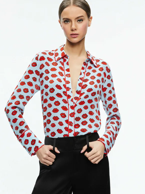 Willa Placket Top With Piping | Alice and Olivia Discount