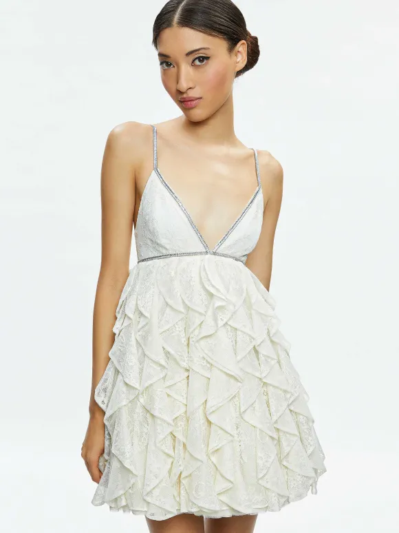 Wilmarie Embellished Lace Ruffle Mini Gown | Alice and Olivia Shop